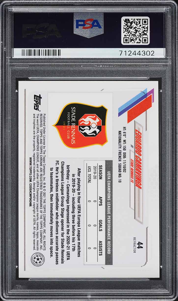 2020 Topps Chrome UEFA Refractor Eduardo Camavinga ROOKIE #44 PSA 9 MINT