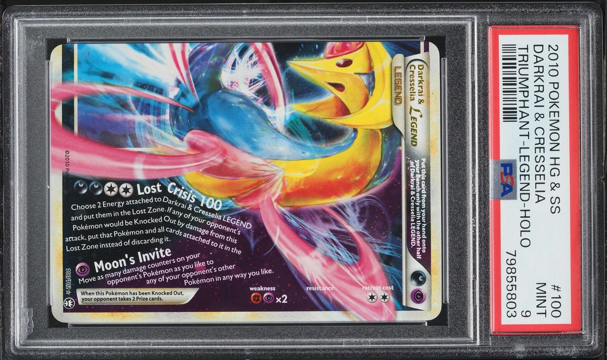2010 Pokemon HeartGold & SoulSilver Triumphant Holo Darkrai & Cresselia Legend #100 PSA 9 MINT