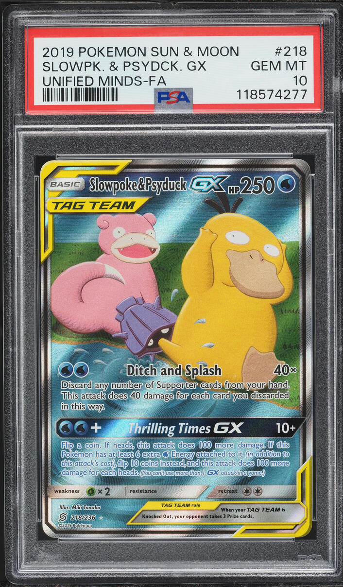 2019 Pokemon Sun & Moon Unified Minds Full Art Slowpoke & Psyduck GX #218 PSA 10 GEM MINT