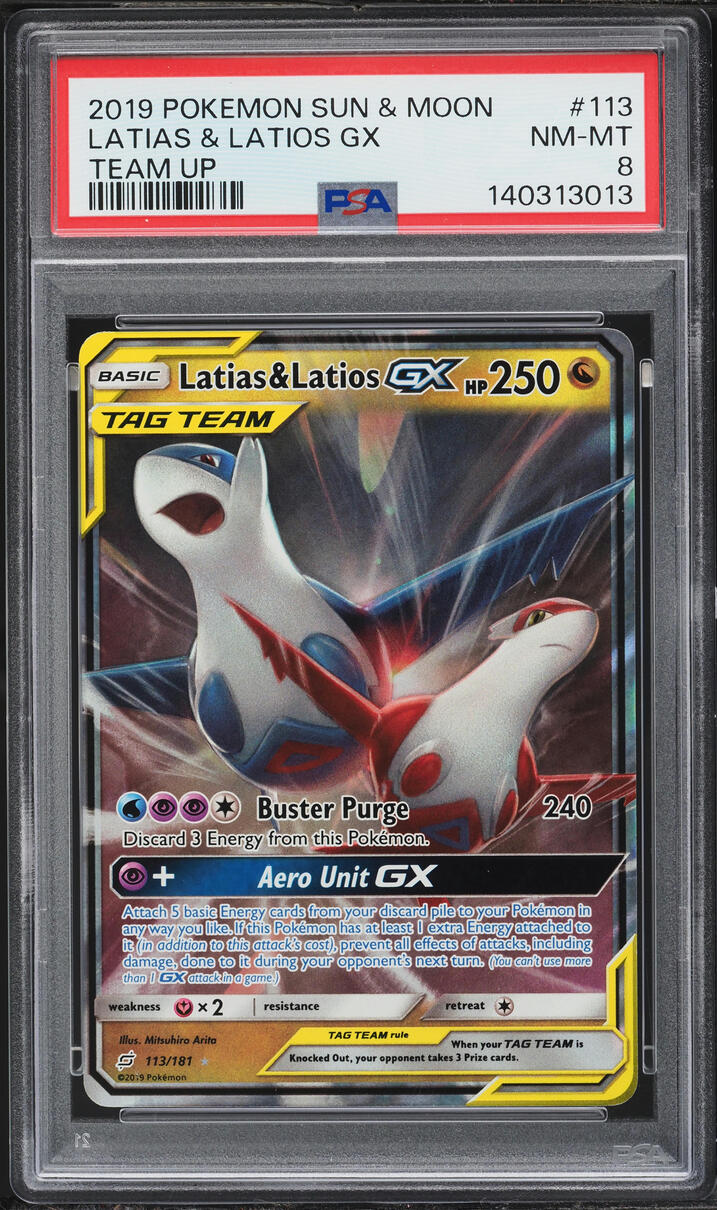2019 Pokemon Sun & Moon Team Up Latias & Latios GX #113 PSA 8 NM-MT
