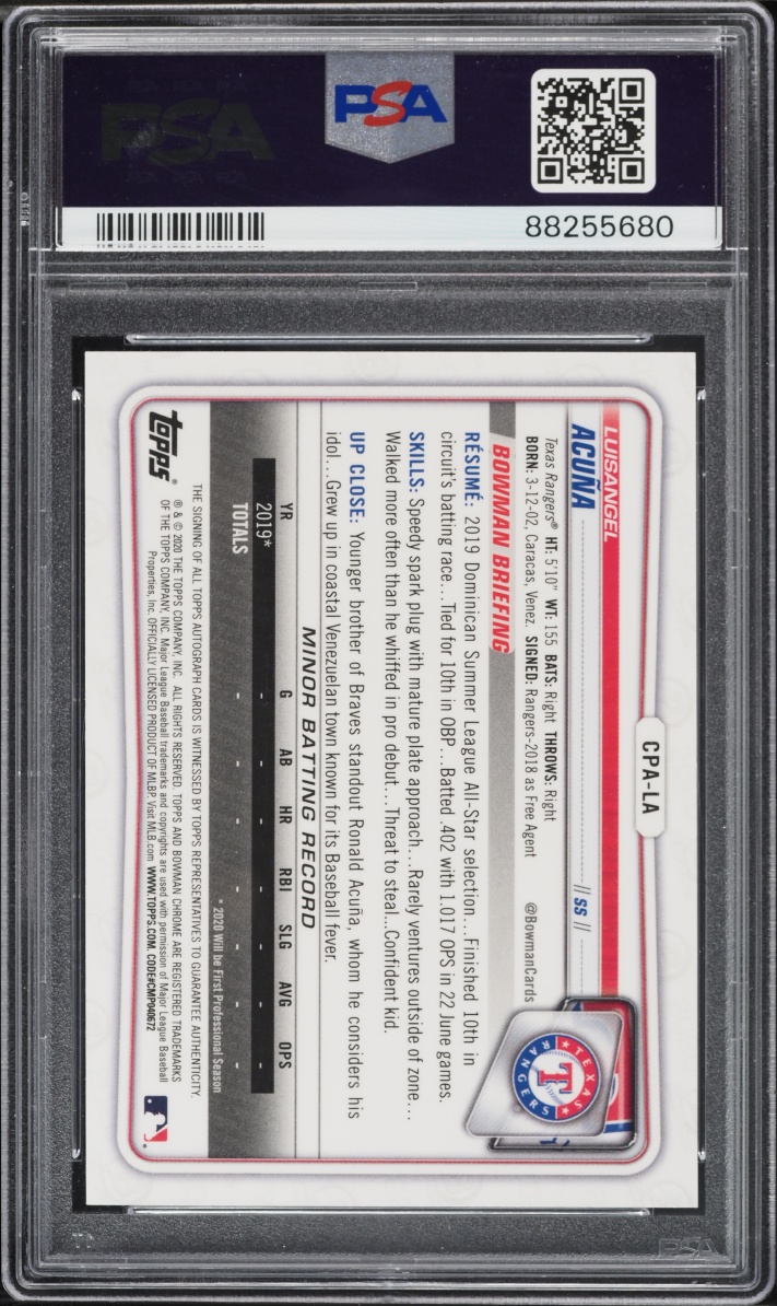 2020 Bowman Chrome Orange Refractor Luisangel Acuna PROSPECT AUTO /25 #CPA-LA PSA 10 GEM MINT