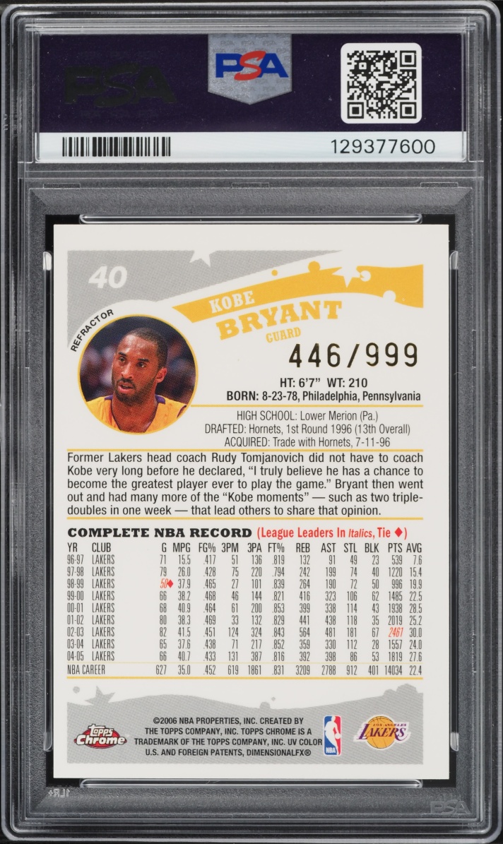 2005 Topps Chrome Refractor Kobe Bryant /999 #40 PSA 9 MINT