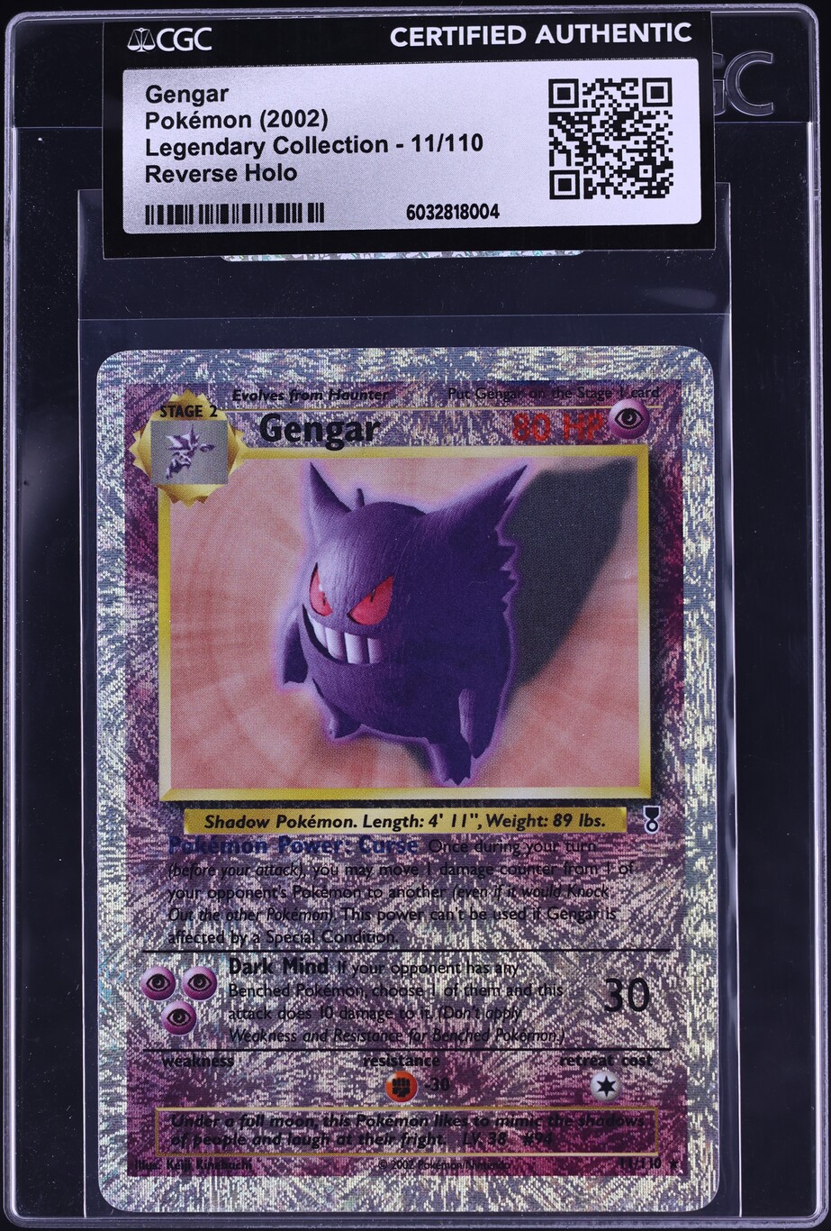 2002 Pokemon Legendary Collection Reverse Holo Gengar #11 CGC AUTH