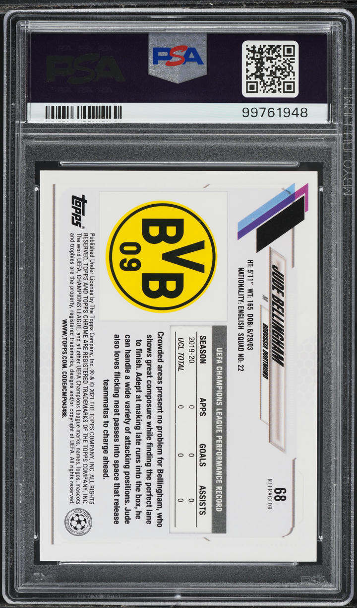 2020 Topps Chrome UEFA Refractor Jude Bellingham ROOKIE #68 PSA 8 NM-MT