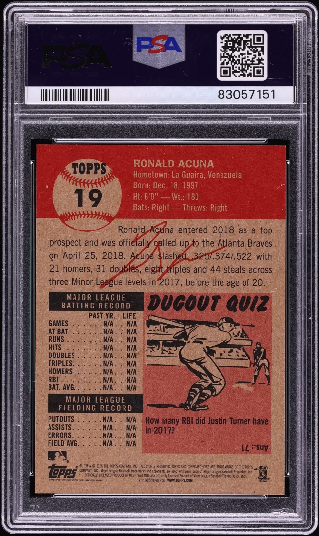 2018 Topps Living Ronald Acuna Jr. ROOKIE #19 PSA 9 MINT
