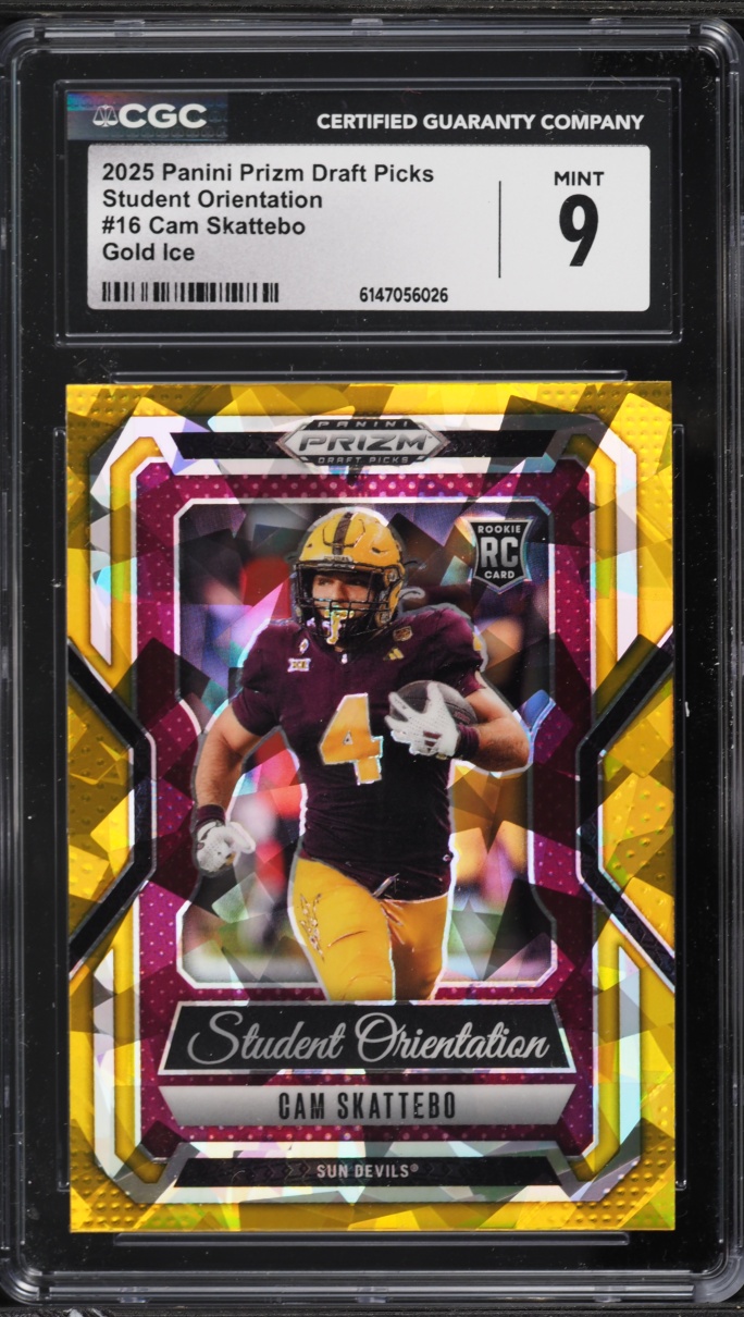 2025 Panini Prizm Draft Picks Student Orientation Gold Ice Cam Skattebo ROOKIE #16 CGC 9 MINT