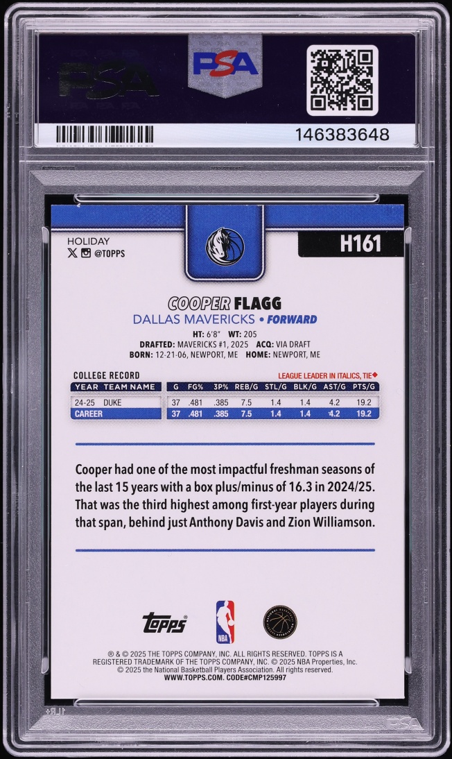 2025 Topps Holiday Cooper Flagg ROOKIE #H161 PSA 8 NM-MT