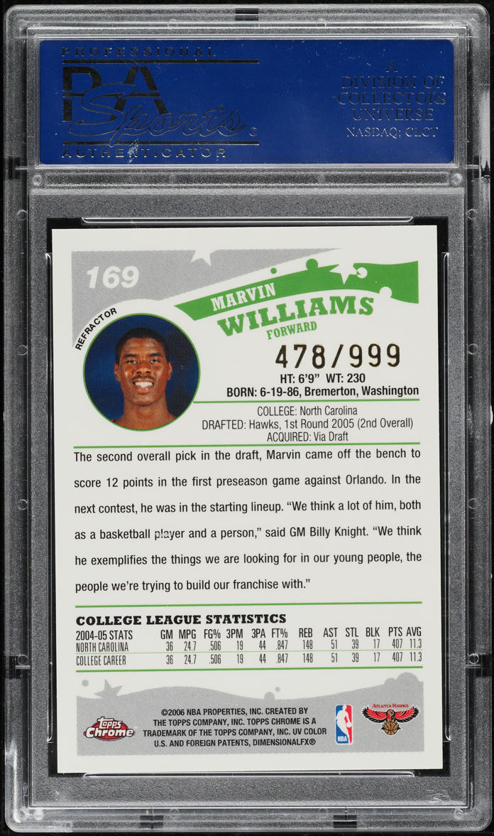 2005 Topps Chrome Refractor Marvin Williams ROOKIE /999 #169 PSA 10 GEM MINT