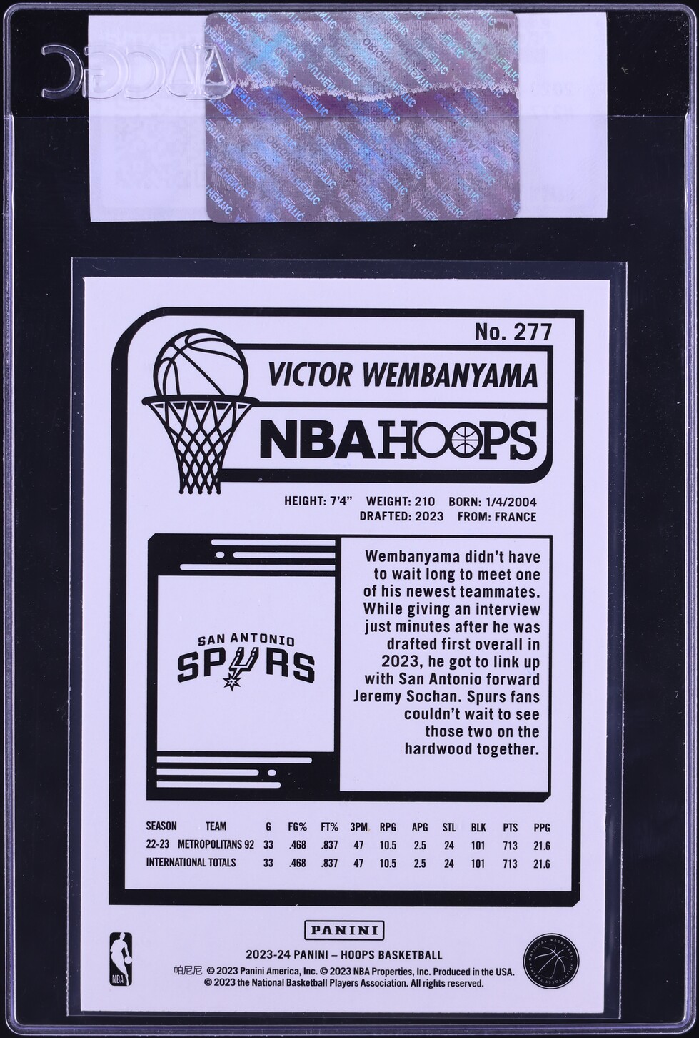 2023 Hoops Victor Wembanyama ROOKIE #277 CGC AUTH