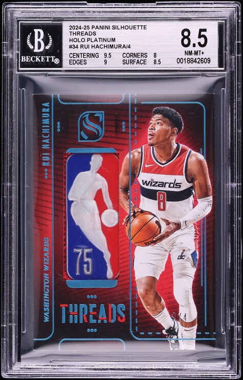 2024 Panini Silhouette Threads Holo Platinum Rui Hachimura LOGOMAN PATCH /4 #34 BGS 8.5 NM-MT+