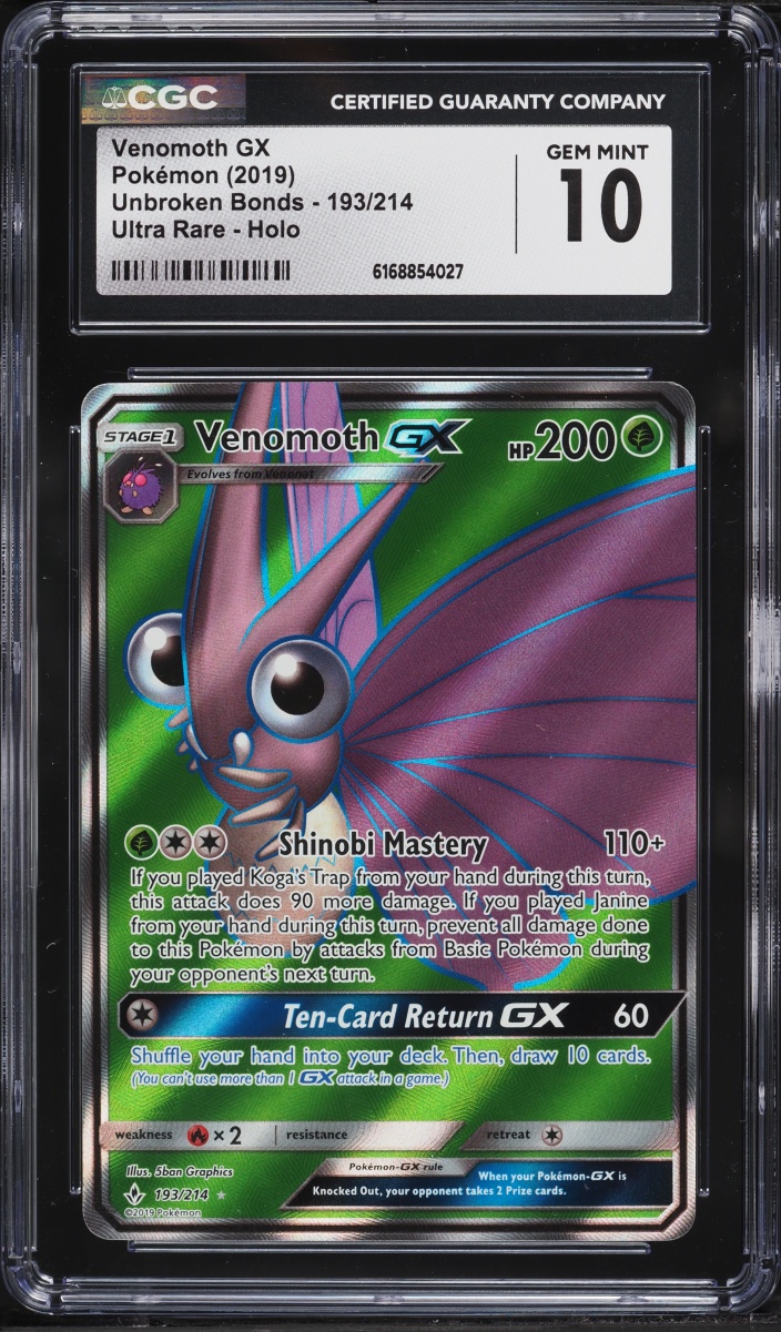 2019 Pokemon Sun & Moon Unbroken Bonds Full Art Venomoth GX #193 CGC 10 GEM MINT