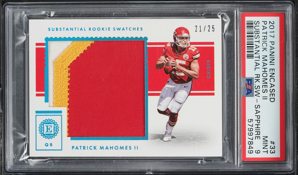 2017 Panini Encased Substantial Sapphire Patrick Mahomes II RC PATCH /25 PSA 9