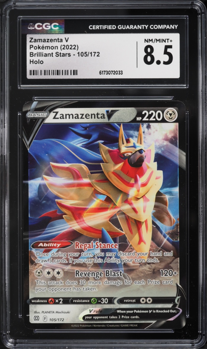 2022 Pokemon Sword & Shield Brilliant Stars Holo Zamazenta V #105 CGC 8.5 NM-MT+