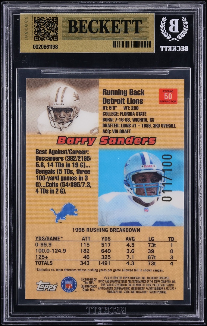 1999 Bowman's Best Atomic Refractor Barry Sanders /100 #50 BGS 9.5 GEM MINT - Photo 2