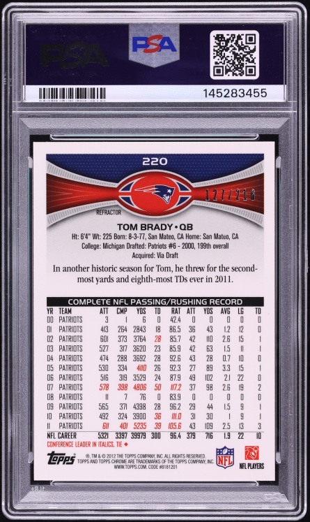 2012 Topps Chrome Prism Refractor Tom Brady /216 #220 PSA 9 MINT