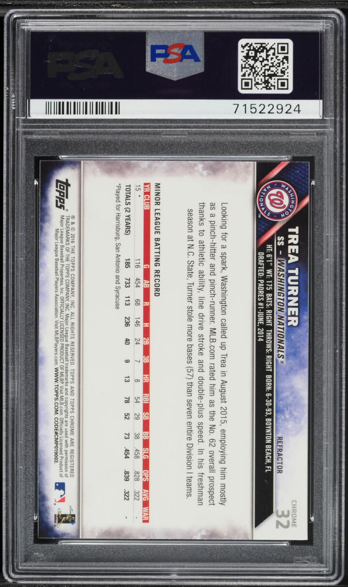 2016 Topps Chrome Refractor Trea Turner ROOKIE #32 PSA 9 MINT