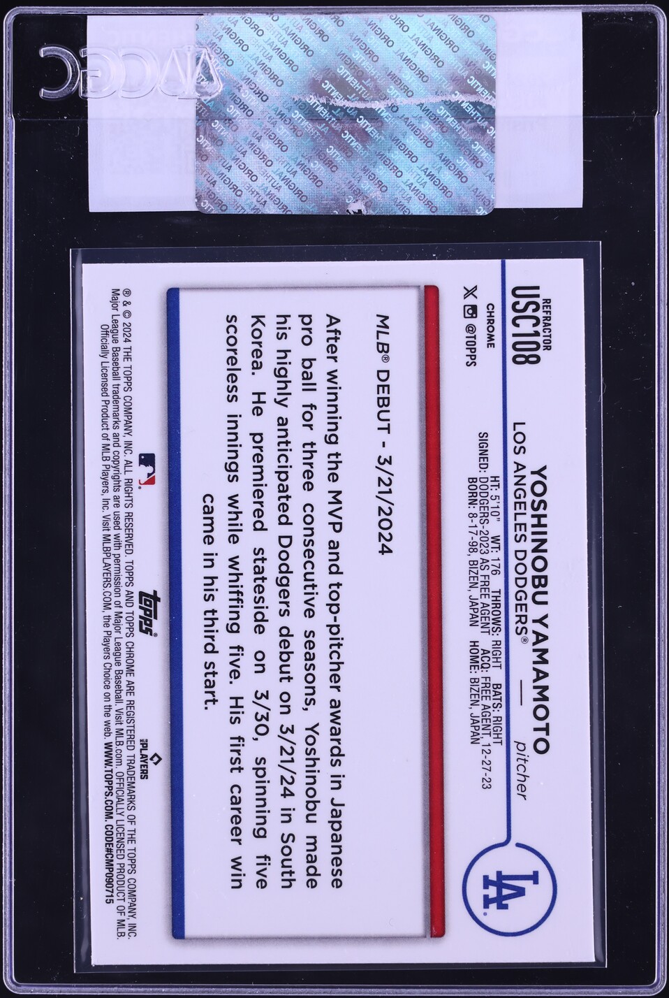 2024 Topps Chrome Update Prism Refractor Yoshinobu Yamamoto ROOKIE #USC108 CGC AUTH