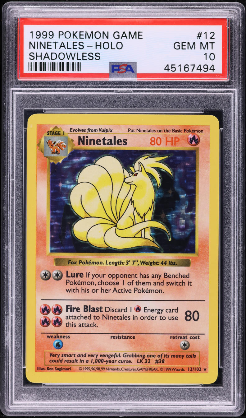 1999 Pokemon Base Set Shadowless Holo Ninetales #12 PSA 10 GEM MINT