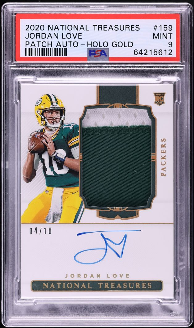 2020 National Treasures Holo Gold Jordan Love ROOKIE PATCH AUTO /10 #159 PSA 9 MINT
