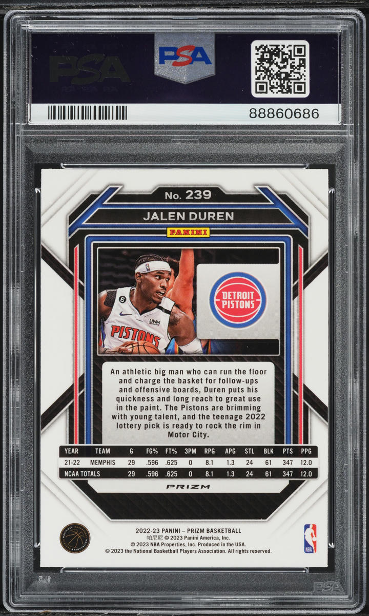 2022 Panini Prizm Tiger Stripe Choice Jalen Duren ROOKIE #239 PSA 10 GEM MINT