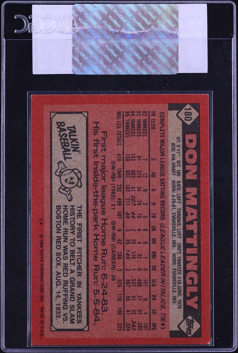 1986 Topps Don Mattingly #180 CGC AUTH