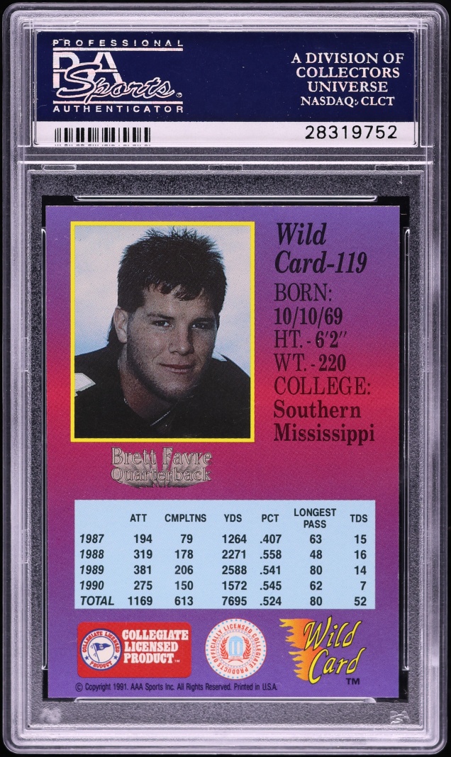 1991 Wild Card College Draft Picks 5 Stripe Brett Favre ROOKIE #119 PSA 10 GEM MINT