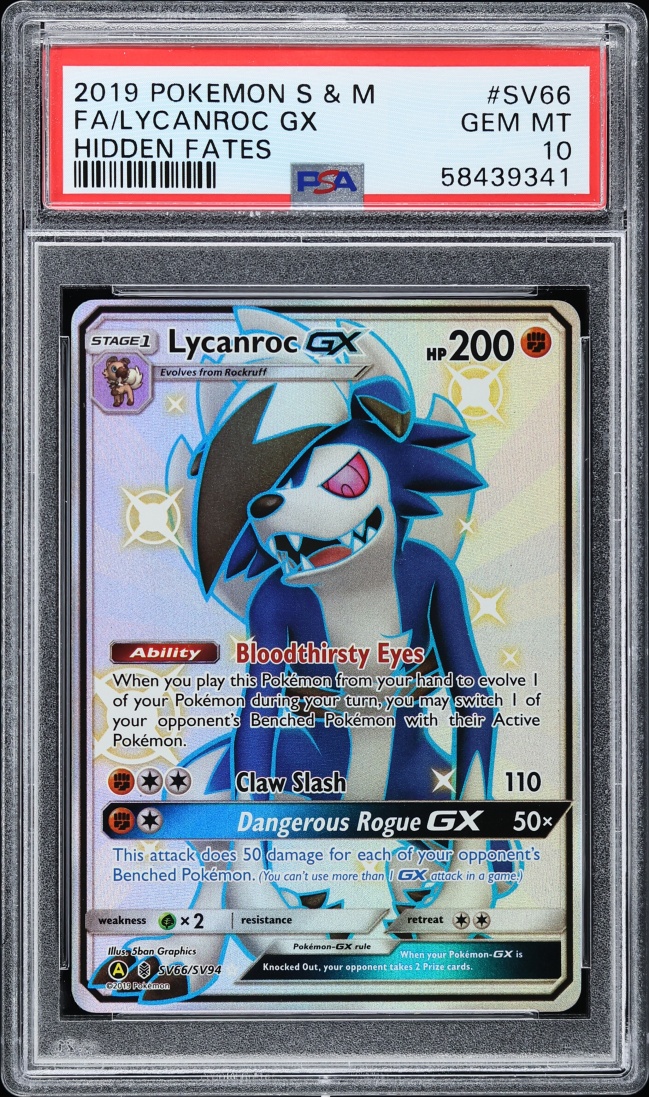 2019 Pokemon Sun & Moon Hidden Fates Full Art Shiny Lycanroc GX #SV66 PSA 10 GEM MINT