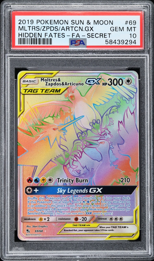 2019 Pokemon SM Hidden Fates Rainbow Rare Moltres & Zapdos & Articuno GX #69 PSA 10 GEM MINT