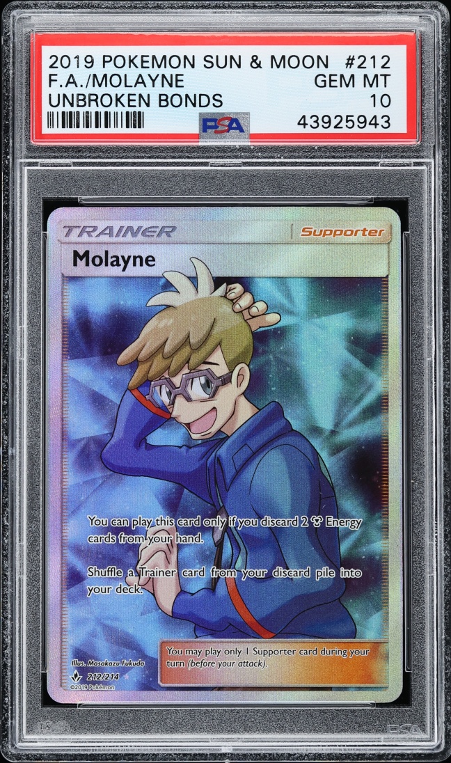 2019 Pokemon Sun & Moon Unbroken Bonds Full Art Molayne #212 PSA 10 GEM MINT