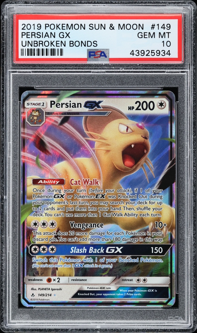 2019 Pokemon Sun & Moon Unbroken Bonds Persian GX #149 PSA 10 GEM MINT