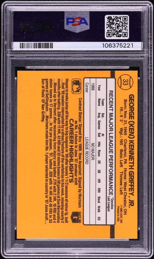 1989 Donruss Ken Griffey Jr. ROOKIE #33 PSA 8 NM-MT