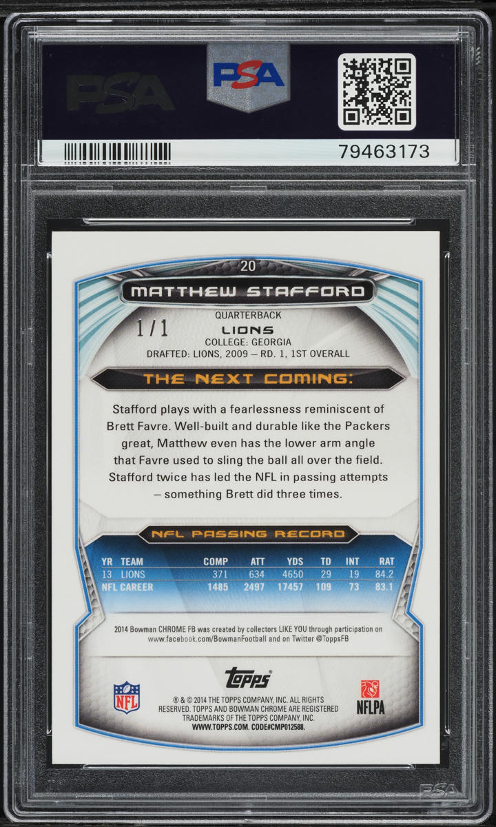 2014 Bowman Chrome Superfractor Matthew Stafford 1/1 #20 PSA 8 NM-MT - Photo 2