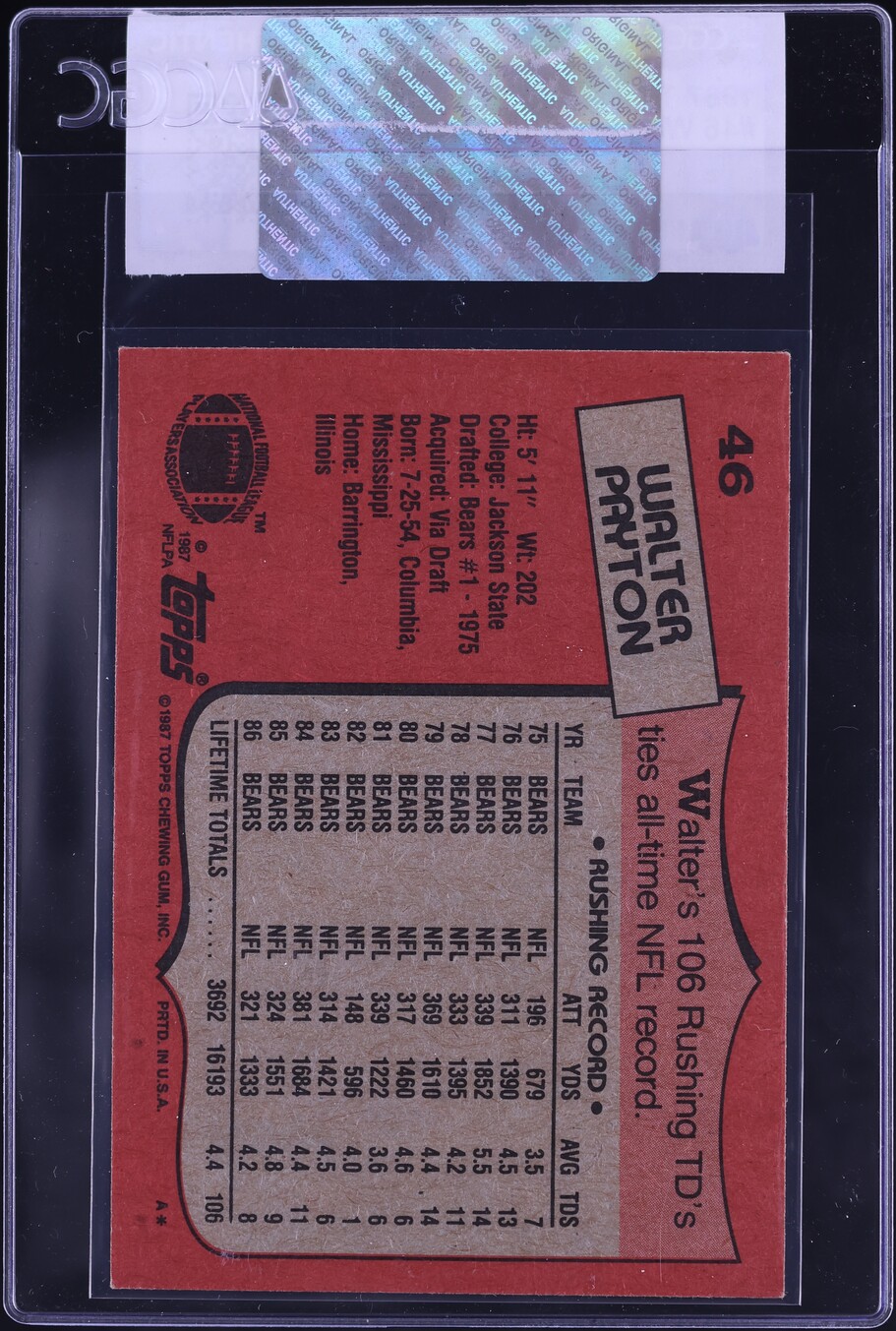 1987 Topps Football Walter Payton #46 CGC AUTH
