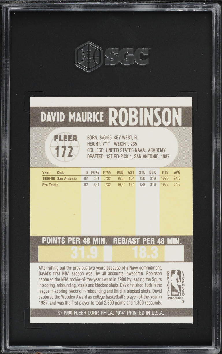 1990 Fleer Basketball David Robinson #172 SGC 9 MINT