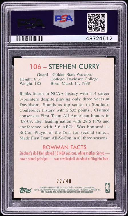 2009 Bowman '48 Black Stephen Curry ROOKIE /48 #106 PSA 8 NM-MT