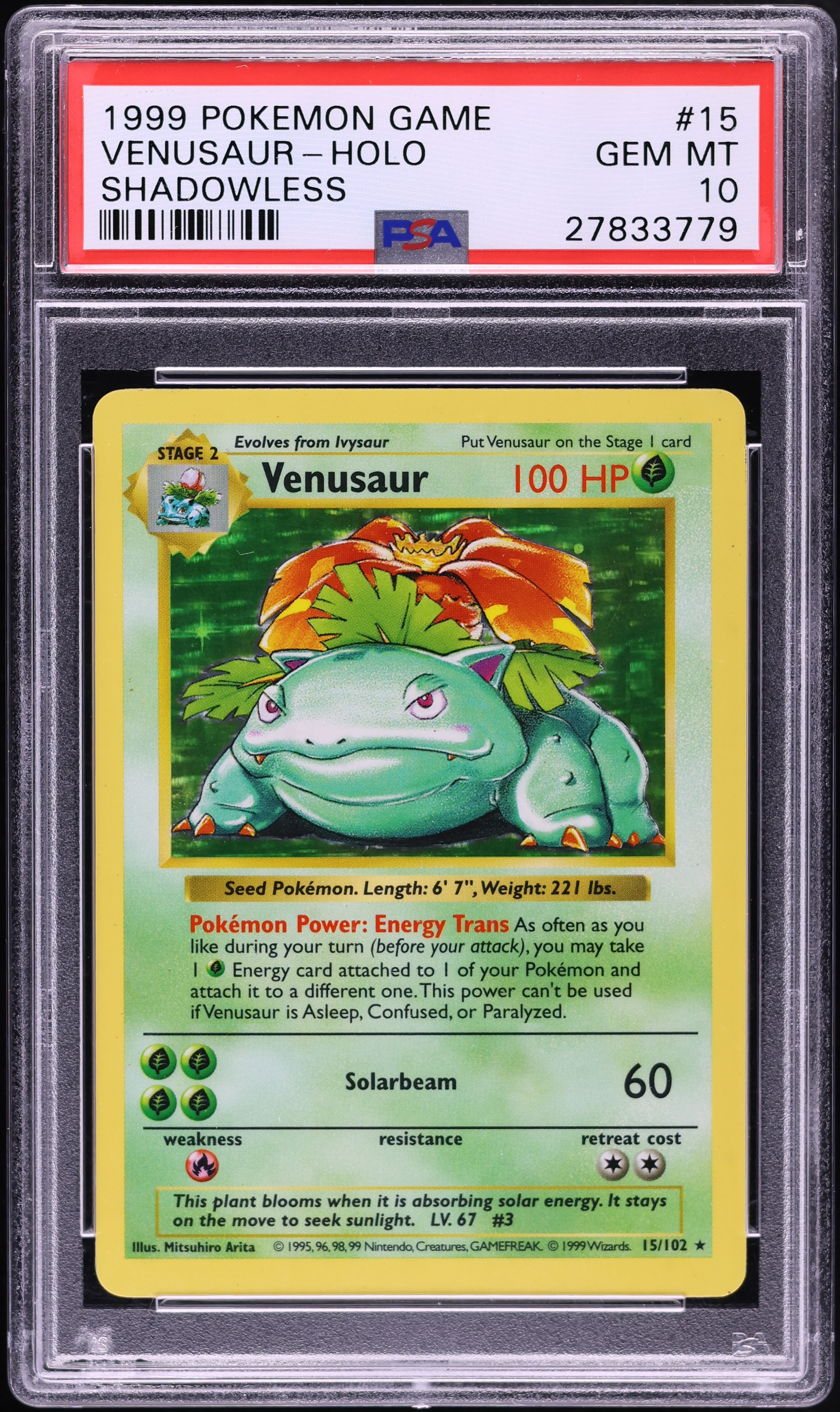 1999 Pokemon Base Set Shadowless Holo Venusaur #15 PSA 10 GEM MINT
