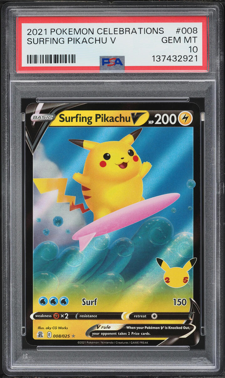 2021 Pokemon Sword & Shield Celebrations Alt Art Surfing Pikachu V #8 PSA 10 GEM MINT