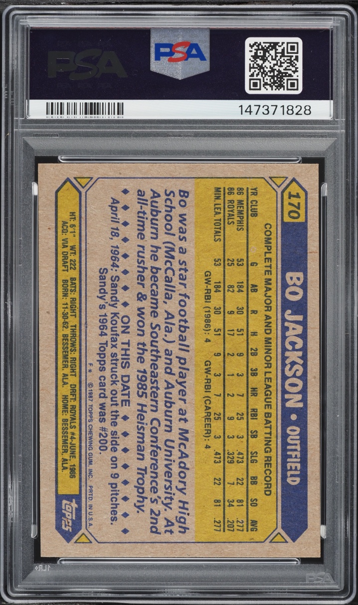 1987 Topps Future Stars Bo Jackson ROOKIE #170 PSA 10 GEM MINT