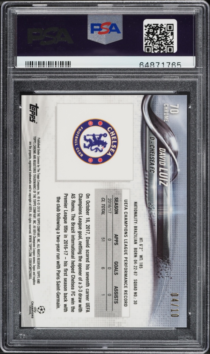 2017 Topps Chrome UEFA Red Refractor David Luiz /10 #70 PSA 10 GEM MINT