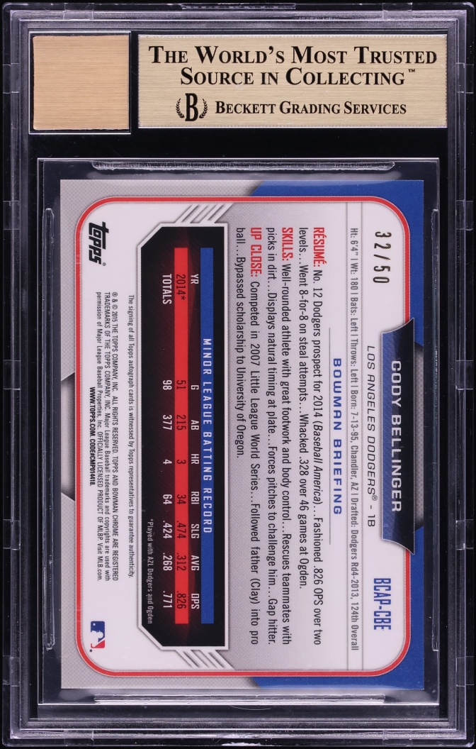 2015 Bowman Chrome Gold Refractor Cody Bellinger PROSPECT AUTO /50 #BCAP-CBE BGS 9.5 GEM MINT