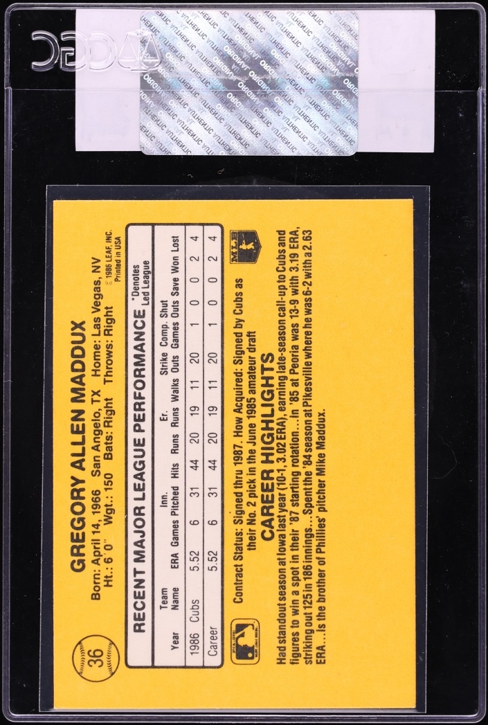 1987 Donruss Greg Maddux ROOKIE #36 CGC AUTH