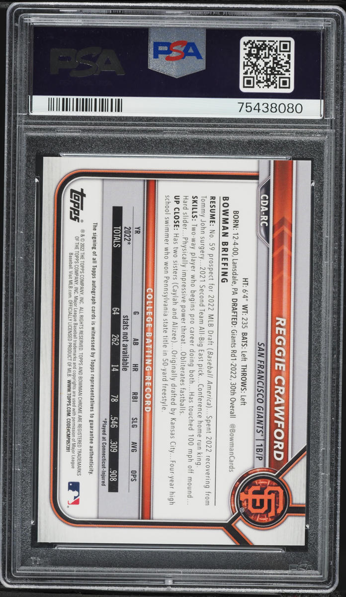 2022 Bowman Chrome Blue Refractor Reggie Crawford PROSPECT AUTO /150 #CDA-RC PSA 10 GEM MINT