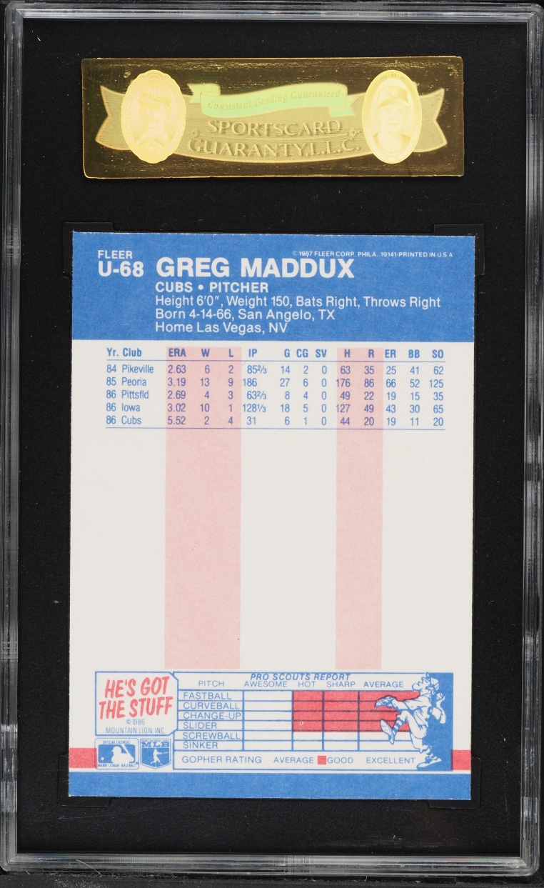 1987 Fleer Update Glossy Greg Maddux ROOKIE #U-68 SGC 9 MINT