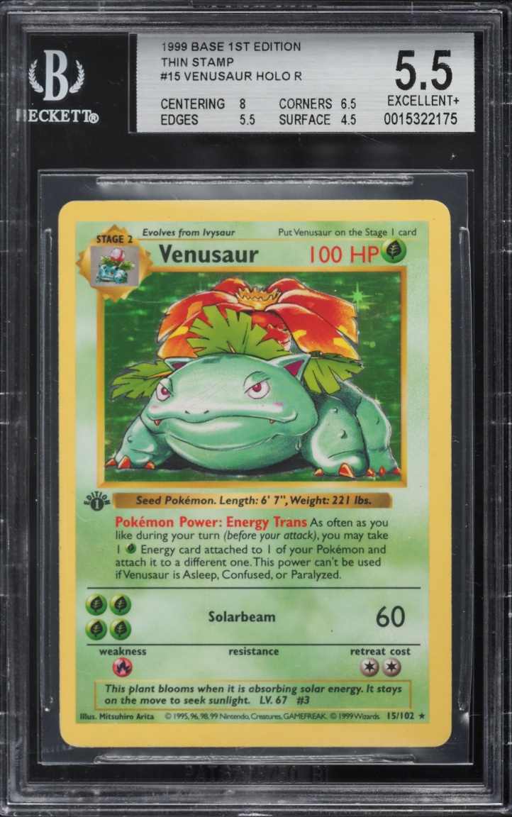 1999 Pokemon Base Set Shadowless 1st Edition Holo Venusaur #15 BGS 5.5 EX+