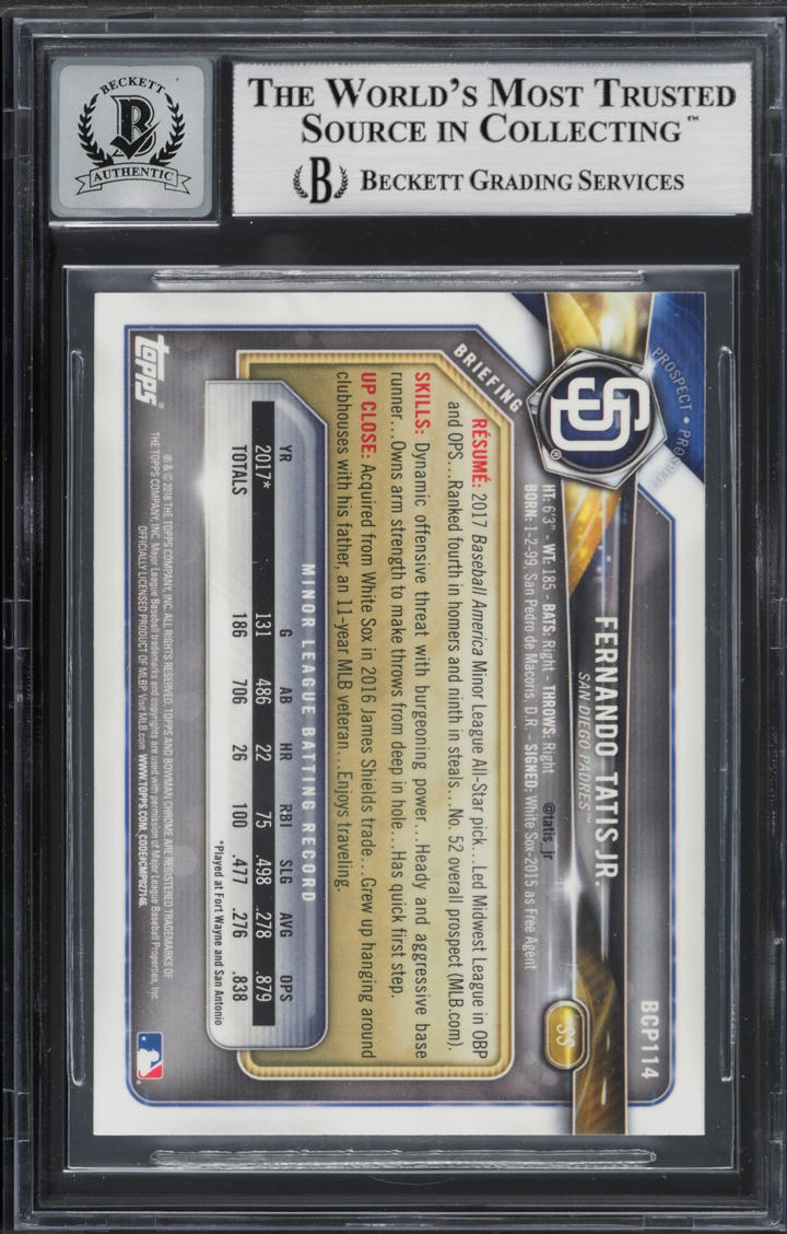 2018 Bowman Chrome Fernando Tatis Jr. PROSPECT AUTO #BCP114 BAS BGS AUTH
