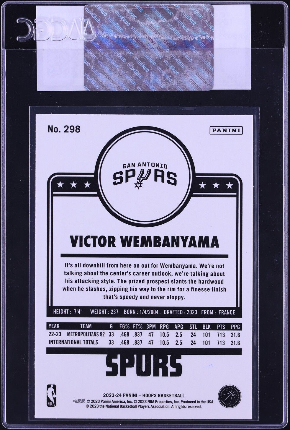 2023 Hoops Victor Wembanyama ROOKIE #298 CGC AUTH