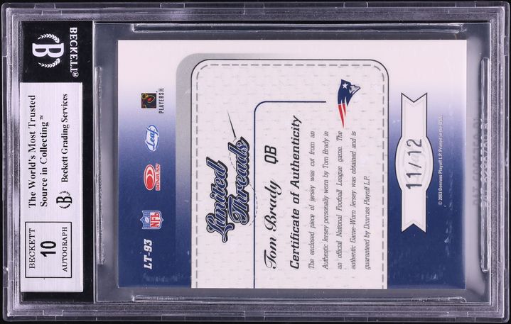 2003 Leaf Limited Threads Jersey Numbers Tom Brady PATCH AUTO /12 #LT93 BGS 8.5 NM-MT+ - Photo 2