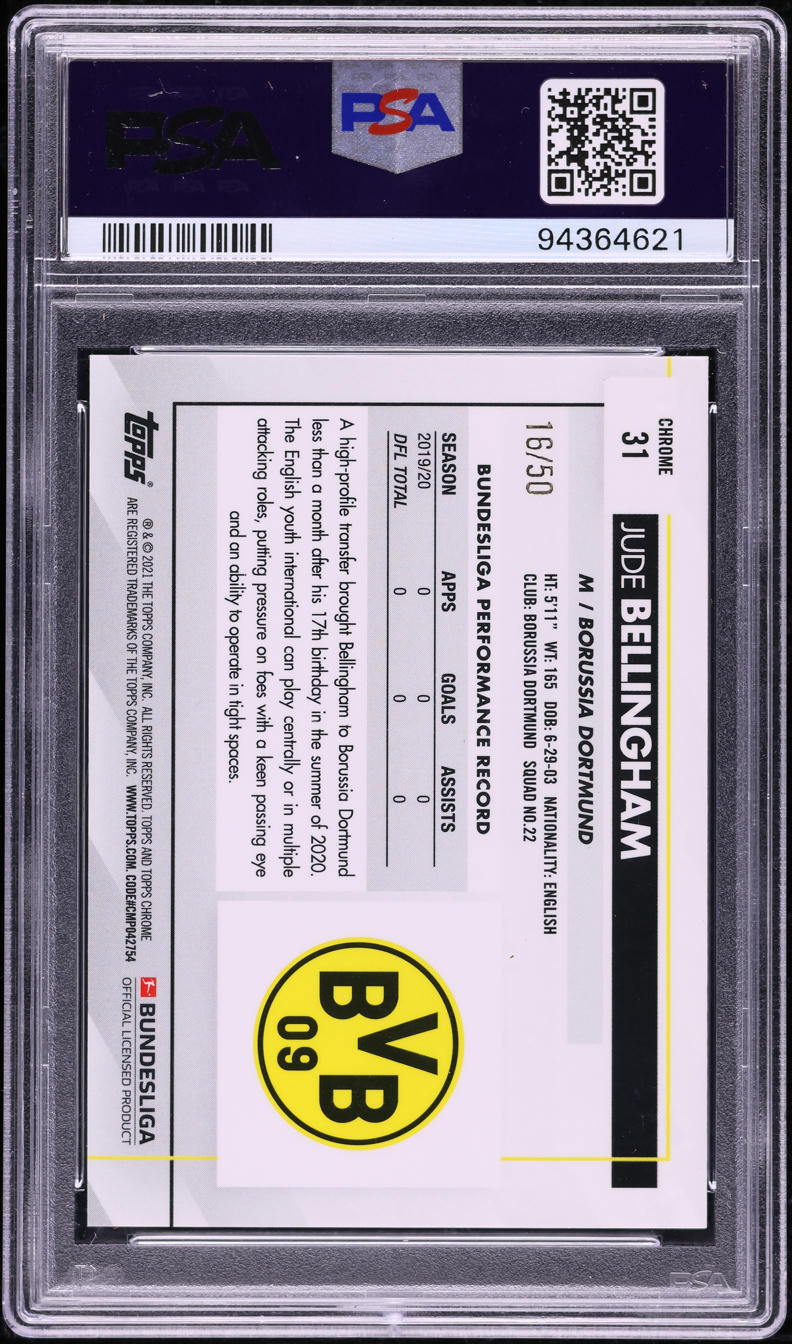 2020 Topps Chrome Bundesliga Gold Refractor Jude Bellingham ROOKIE /50 #31 PSA 8