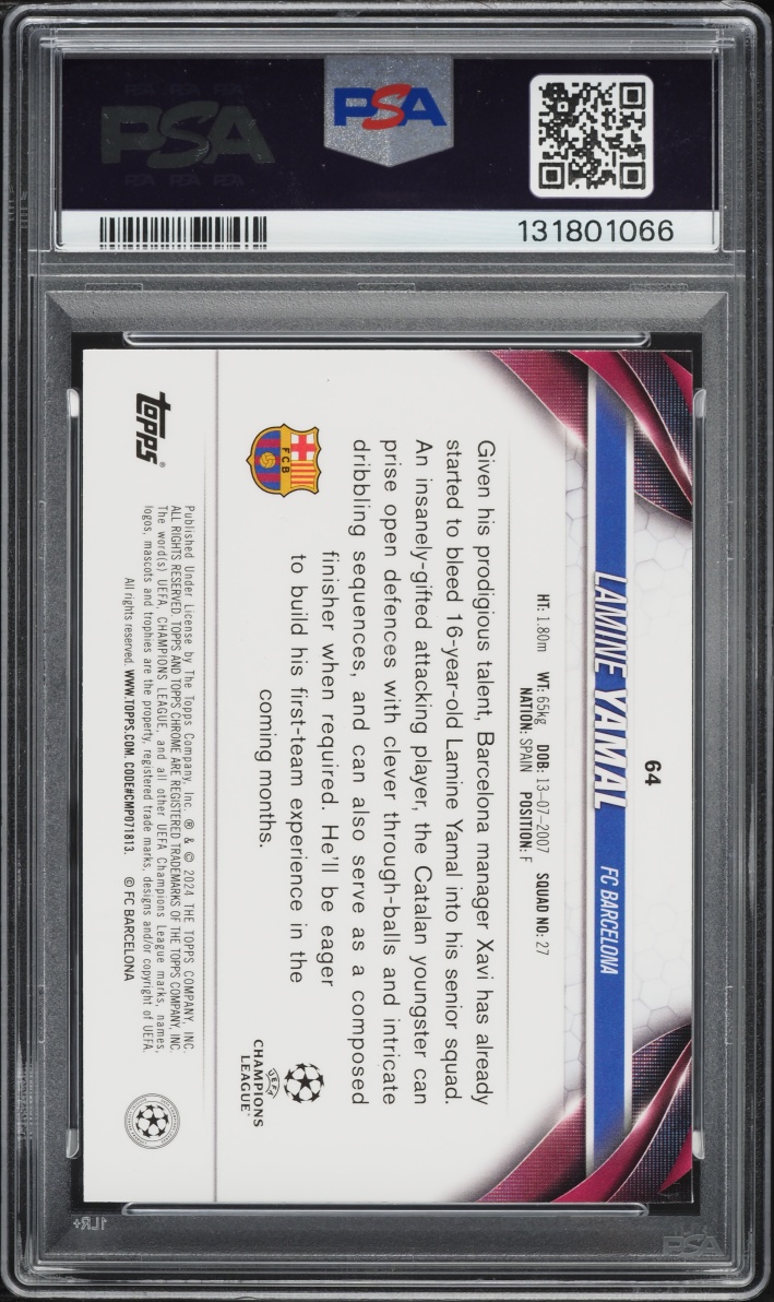 2023 Topps Chrome UEFA CC Aqua Prism Refractor Lamine Yamal ROOKIE #64 PSA 9 MINT