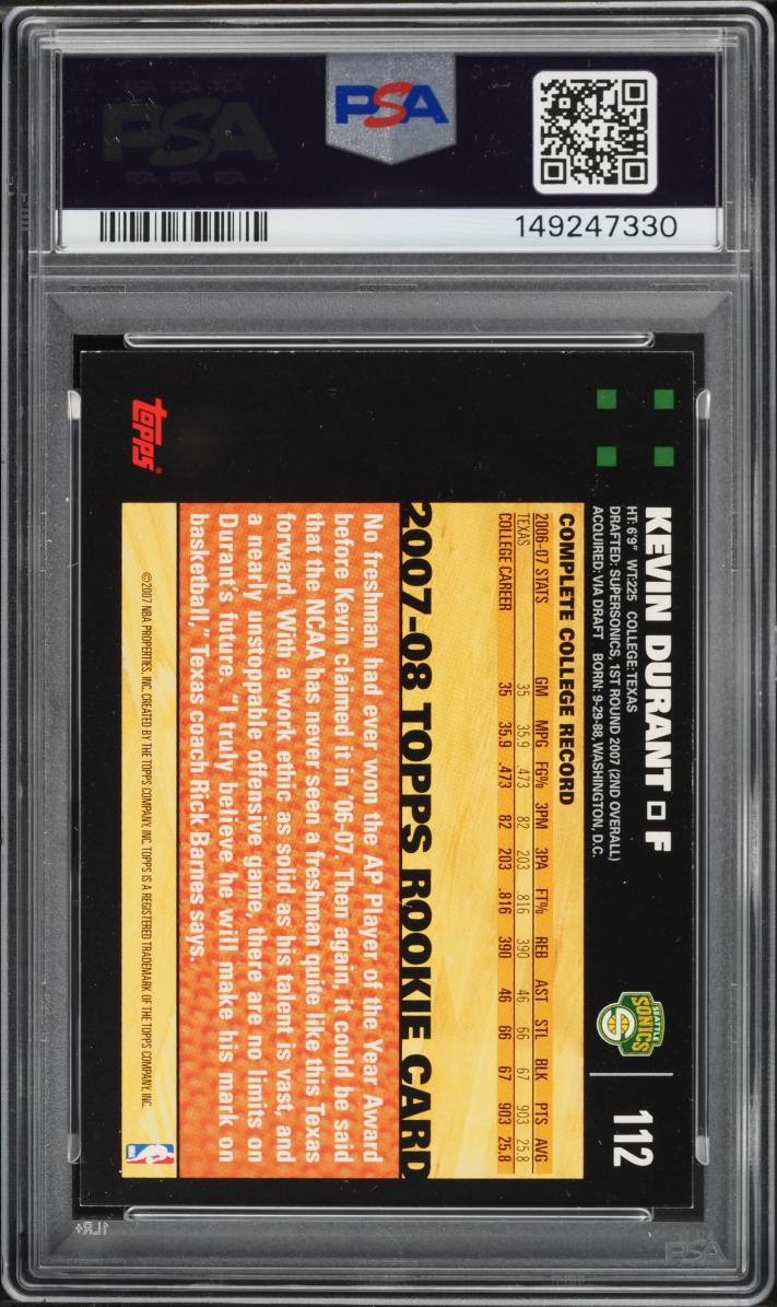 2007 Topps Basketball Kevin Durant ROOKIE #112 PSA 7 NRMT